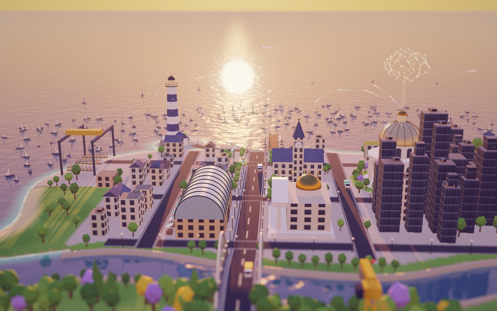 A small town drawn from above, with helpers at work in every building